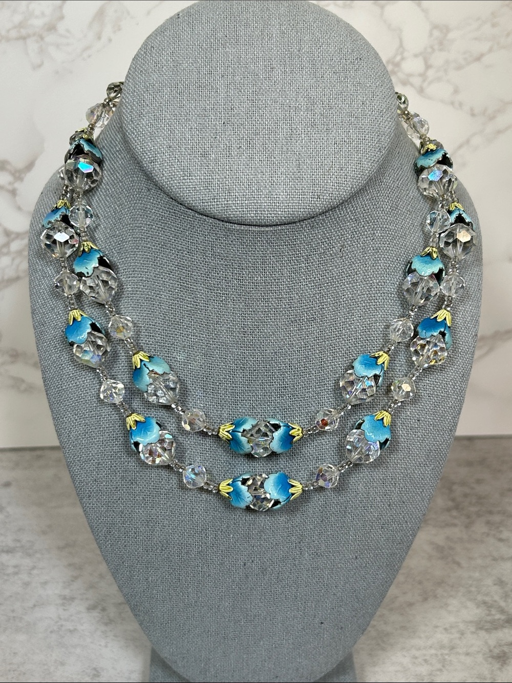 Vintage Vendome Double-Strand Crystal and Blue Enamel Leaves Statement Necklace